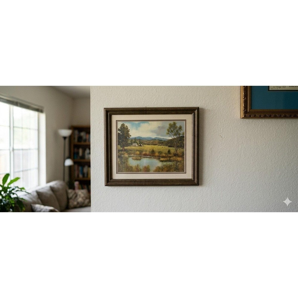Vintage Harold Shelton Framed Landscape Print Country Pond Farmhouse Art